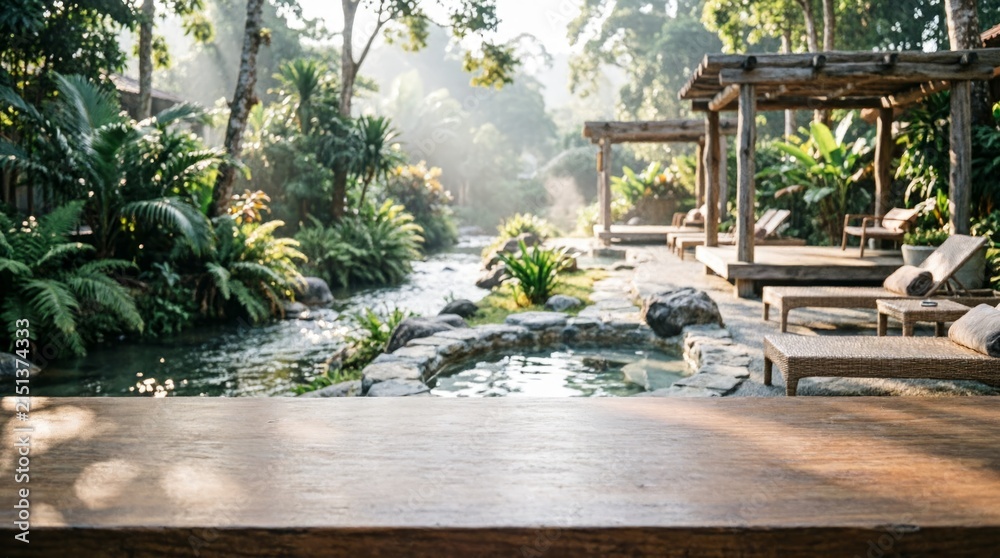Fototapeta premium Tropical Resort Poolside View with Wooden Deck and Lush Greenery for Relaxation Concept