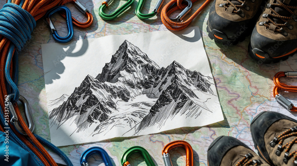 Obraz premium Flat lay of mountaineering gear, drawing of mountain peak for expedition planning. Pro hiking equipment lies on topographic map surface. Climber supplies like rope carabiner boot help prepare for