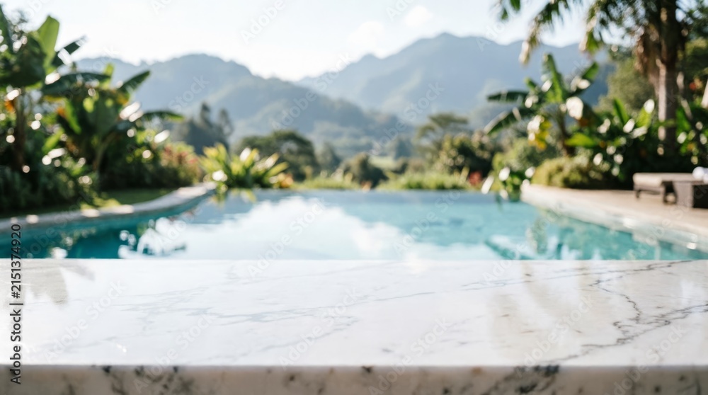 Fototapeta premium Luxury Pool with Mountain View and Marble Counter for Web Design
