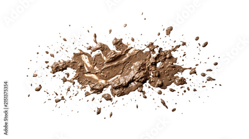 Realistic brown mud splash with flying dirt droplets and wet clay texture isolated on transparent background for messy impact and outdoor adventure designs