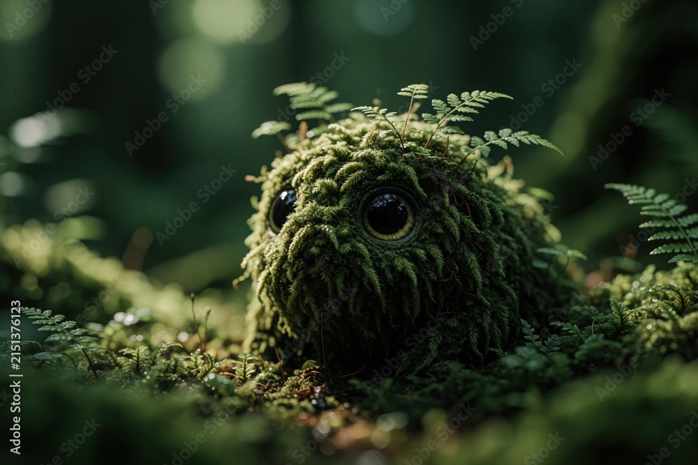 Obraz premium Small moss creature with big round eyes sits in rich green forest. Fern fronds sprout from its fuzzy body. Creature blends with forest floor environment and natural flora.