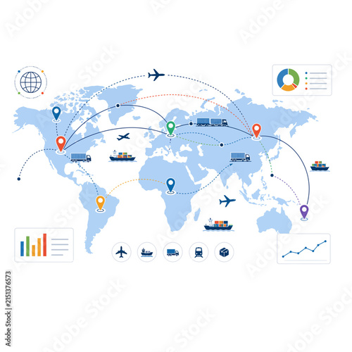 World Map with Global Logistics Network and Delivery Routes