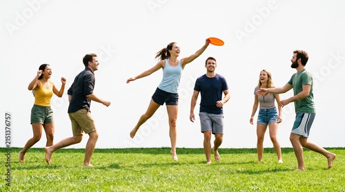A group of six people joyfully playing frisbee on a lush green field. White background