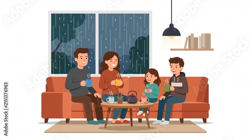 A cozy family of four enjoying a warm drink together inside their living room while it rains outside. White background