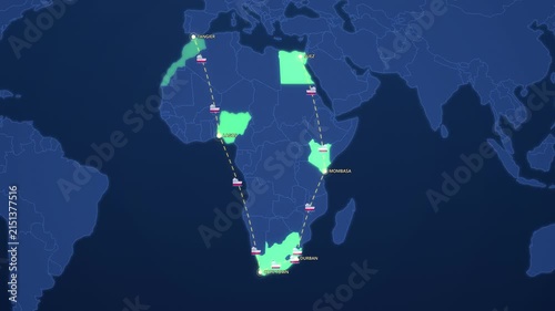 African Trade Ports Shipping Route on Corporate Map, Tangier Lagos Durban Mombasa Animated Logistics Motion Graphics Seamless Loop, 4K