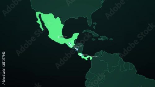 Central America Travel Route on Dark Map, Mexico City Guatemala San Jose Panama Animated Motion Graphics Seamless Loop, 4K