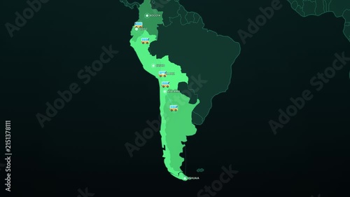 Andes Mountains Bus Route on Dark Map, Bogota Quito Cusco La Paz Ushuaia Animated Motion Graphics Seamless Loop, 4K