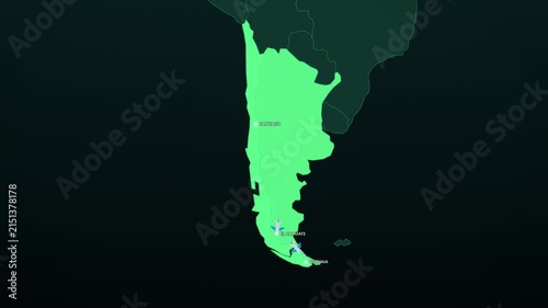 Patagonia Expedition Route on Dark Map, Santiago El Calafate Ushuaia Animated Adventure Motion Graphics Seamless Loop, 4K