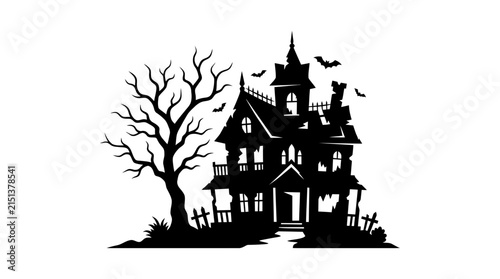 Haunted house silhouette against a white background with a bare tree