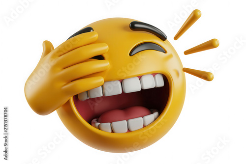 3d rendered hysterical laughing emoji covering eyes expressing extreme joy and amusement