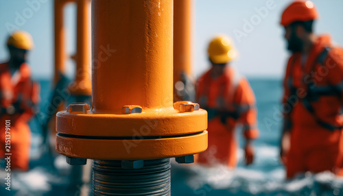 Wave energy buoy power take-off cylinder in sharp focus and blurred marine engineers behind. Concept of offshore wave energy technology.