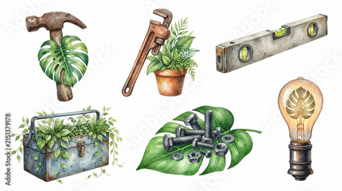 Watercolor Industrial Tools and Green Plants Illustration Set, Eco-Friendly Construction Concept with Hammer, Pipe Wrench, Toolbox, Bolts, and Lightbulb Isolated on White Background