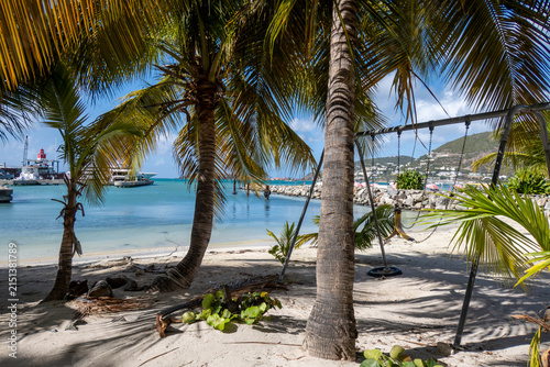 The beach and palm trees at Philipsburg, St Maarten, Antilles, Caribbean