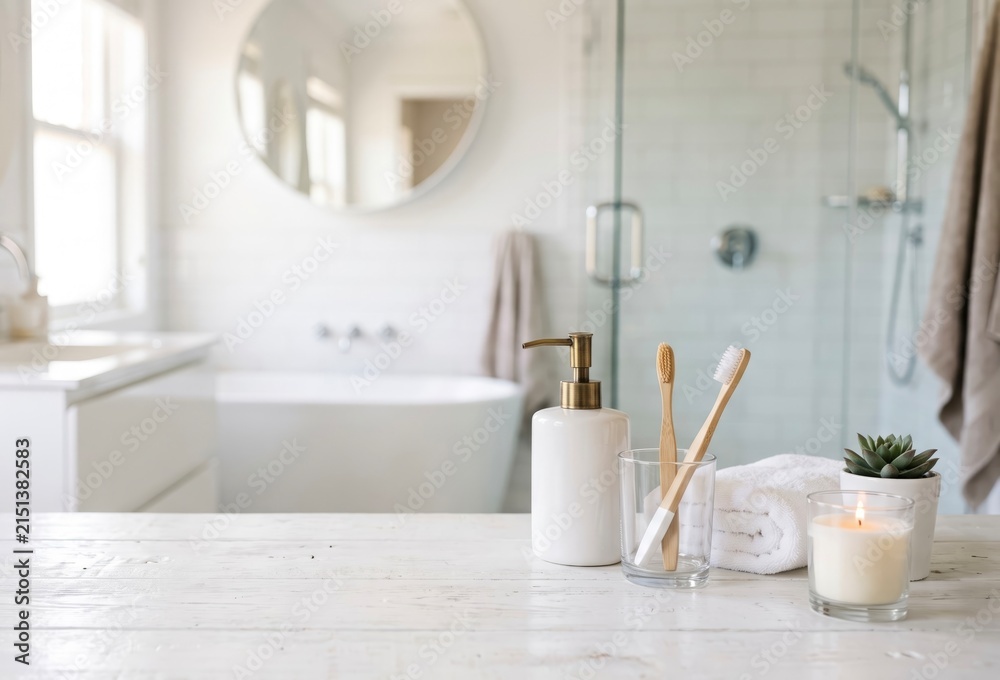 Fototapeta premium Minimalist Bathroom Vanity with Toothbrushes and Candle for Home Decor