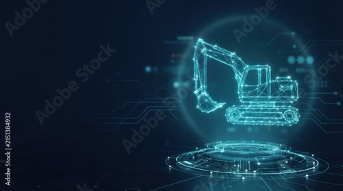 Digital illustration of a wireframe excavator on a futuristic tech circuit background, glowing blue tones, studio lighting, top-down perspective.