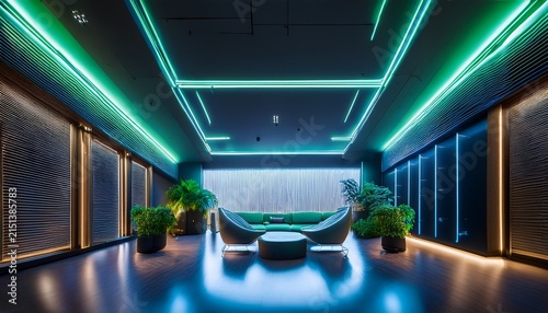 dark modern interior with blue and green neon lighting built in seating areas and small ceiling lights atmospheric architectural scene with futuristic design soft glow and empty indoor space