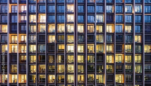 seamless texture highrise building facade at night illuminated window pattern regular structure architecture tile