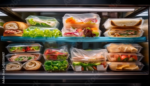 refrigerated display with assorted pre packaged sandwiches wraps and snacks wrapped in plastic offering a fresh and ready to go meal option for customers