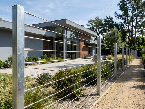 Modern home exterior with steel cable fence | Contemporary residential architecture landscaping | Stainless steel wire railing for property perimeter | Minimalist garden with drought tolerant plants