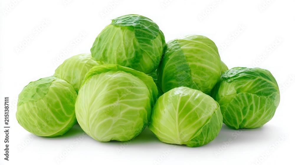 Fototapeta premium Vibrant green cabbages on white background. AI generated