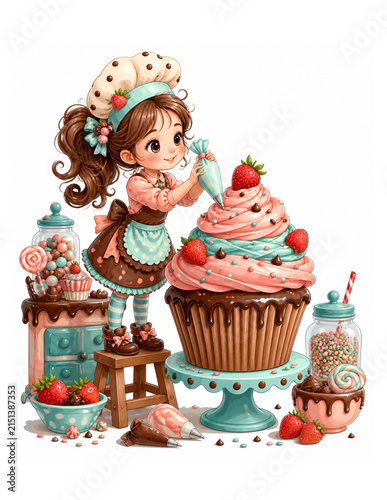Young Baker with Giant Cupcake - Color Illustration
