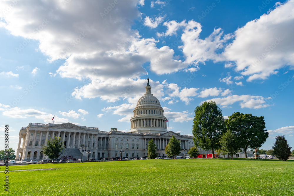 Fototapeta premium Senate and House in Washington DC. Capitol dome. Historic Capitol by the national flag. Capitol dome as symbol of law. Washington monument architecture