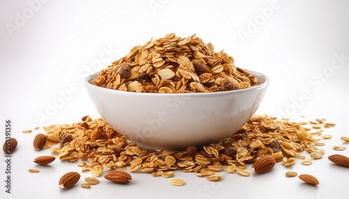 a white bowl filled with crunchy granola spilling over isolated on a white background perfect for breakfast or snack imagery