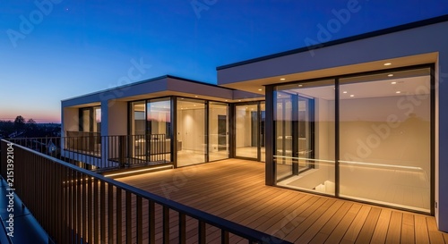 Modern rooftop deck at dusk with large windows, wooden floor, and a metal railing