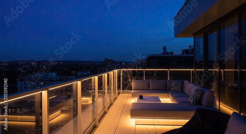 Modern rooftop patio illuminated at dusk with cityscape view