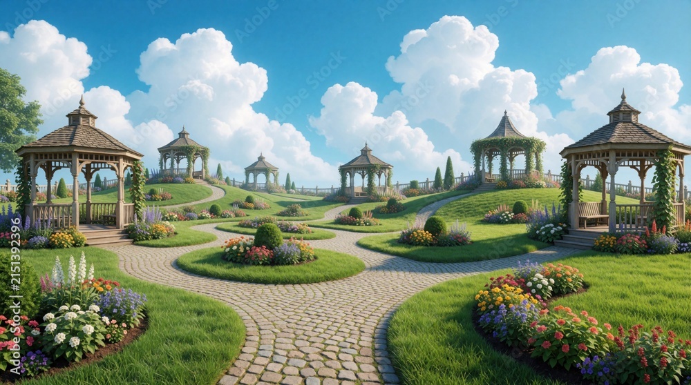 Obraz premium Idyllic landscape with ornate gazebos surrounded by lush green plants and vibrant flower beds. Stone paths wind through manicured lawns under a bright, cloudy sky.