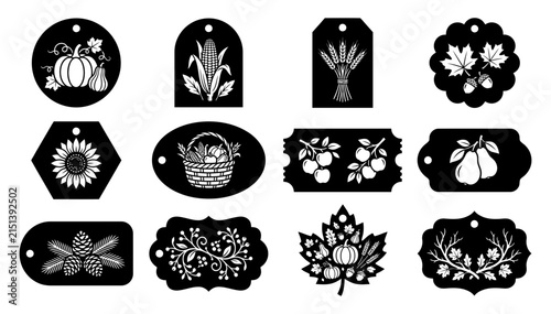 Set of twelve decorative black autumn themed gift tags with intricate seasonal patterns and nature motifs arranged in a grid isolated on transparent background