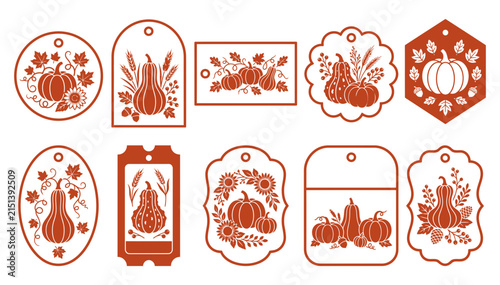 A collection of ten decorative autumn themed gift tags featuring pumpkin and harvest illustrations arranged in a neat grid isolated on transparent background