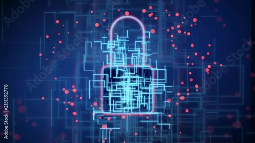 Digital padlock icon with glowing circuit lines and floating data particles on dark blue background