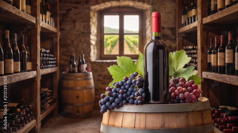 Fototapeta premium Red wine bottle and fresh grapes on wooden barrel in rustic cellar. Traditional winemaking and viticulture concept.