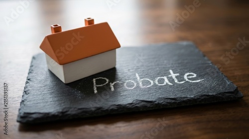 Inheritance and property transfer concept with a miniature house and probate chalk writing.