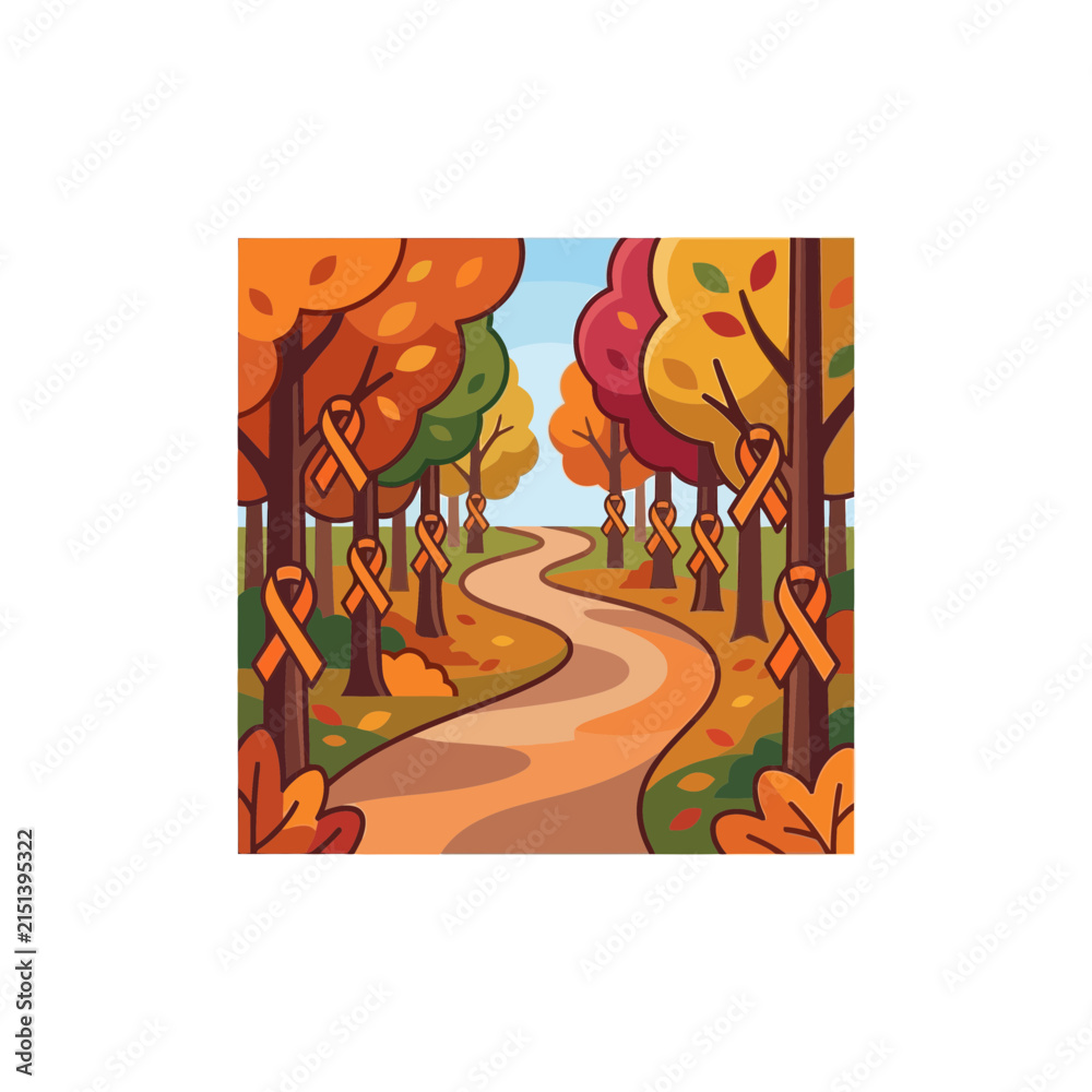 Fototapeta premium Winding autumn forest path with trees marked by orange ribbons