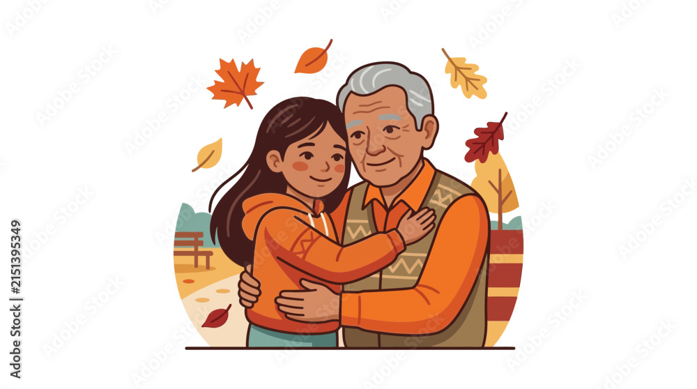 Naklejka premium Grandfather and granddaughter hugging in autumn park