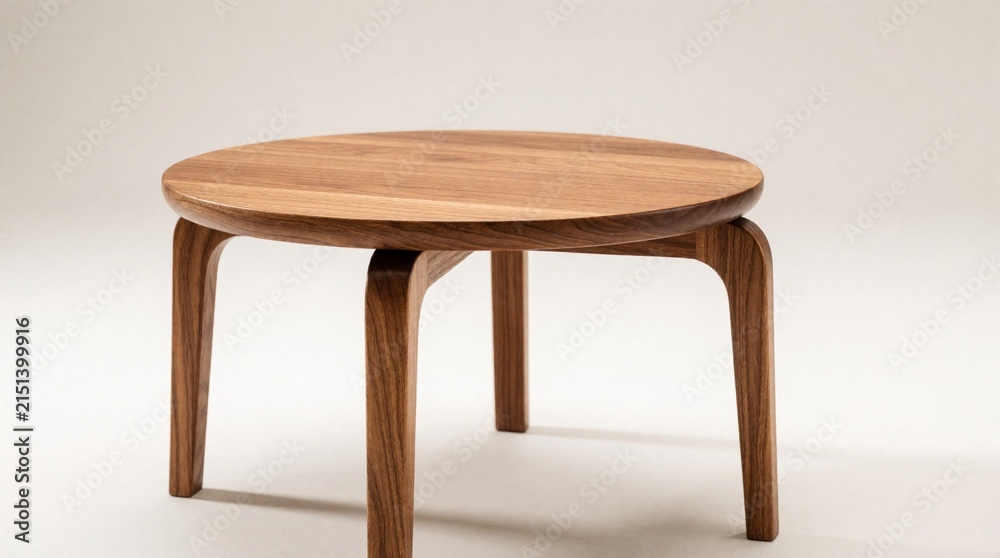 Fototapeta premium Round wooden coffee table with minimal design sits on light background. Small modern furniture piece features smooth grain texture. Empty table top provides space for home decor items. Scandinavian