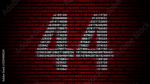 Abstract digital background featuring a 44 number shape formed by bright white numbers against a flowing red numerical stream alphabet data code technology math