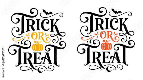 Creative trick or treat helloween typography design with decorative pumpkins and bats for seasonal holiday greeting cards