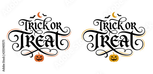 Creative trick or treat helloween typography design with decorative bats and jack o lantern pumpkin elements for holiday
