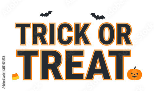 Festive trick or treat helloween typography design featuring cute bats and a smiling pumpkin for holiday party decorations