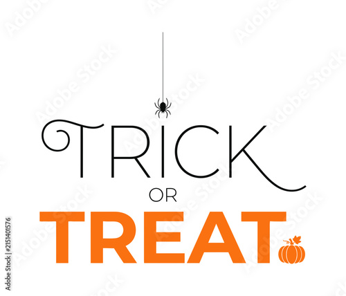 Creative trick or treat helloween typography design featuring a hanging spider and a small orange pumpkin icon