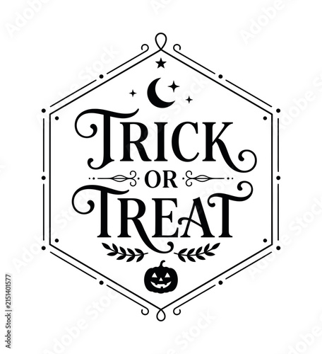 Elegant trick or treat helloween typography design featuring a decorative hexagonal frame and spooky pumpkin icon illustration
