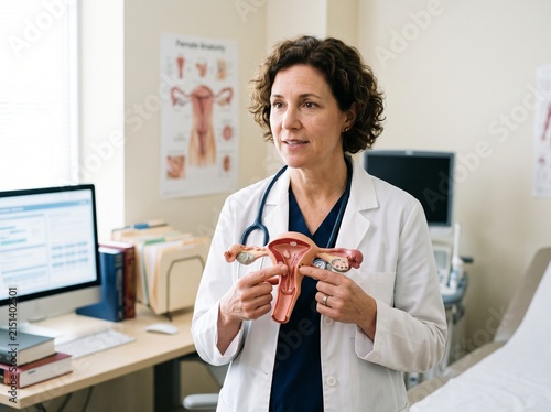 Female gynecologist holding a model of a human uterus to explain reproductive health to a patient in a bright medical office