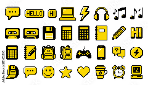 Obraz na plátne Retro Pixel Style Technology Icon Collection with Chat Messages, Computers, Head