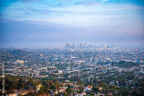View of Los Angeles skyline from a hilltop in California during late afternoon