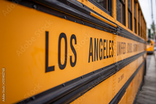 School bus in Los Angeles shows bright yellow color and clear text indicating the city where it operates
