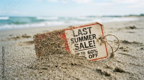 Last summer sale tag on sandy beach for seasonal banner and advertising background with promotional discount