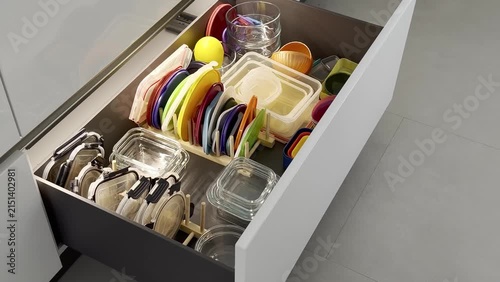 Kitchen drawer filled with colorful plates, containers, and glassware, showcasing organized storage solutions for kitchen utensils and cookware in a modern setting